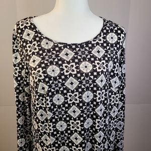 NWOT Ellos‎ Size 12 Black White Geometric Dress 3/4 Sleeve Keyhole Back Opening